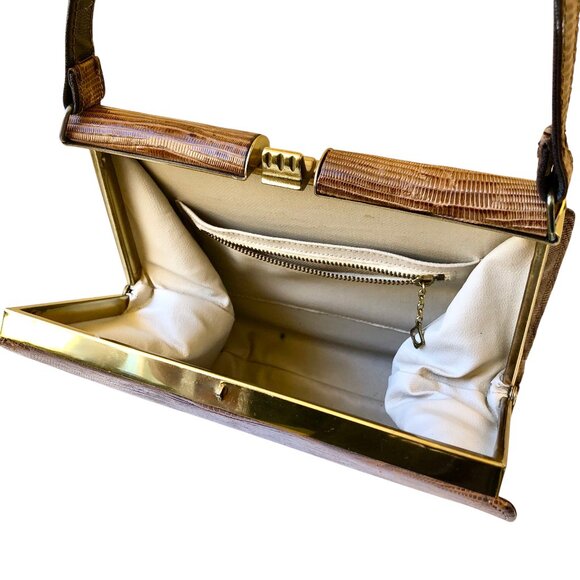 Snakeskin Print Faux Leather Vintage 70's Handbag Hinged Structured - Picture 12 of 12